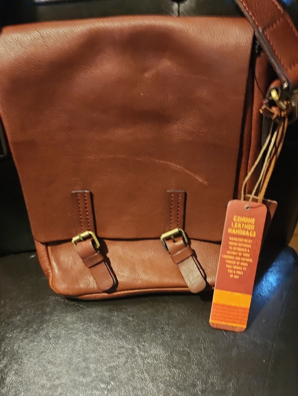 Men's Genuine Leather Brown Messenger Bag with Buckle Detail